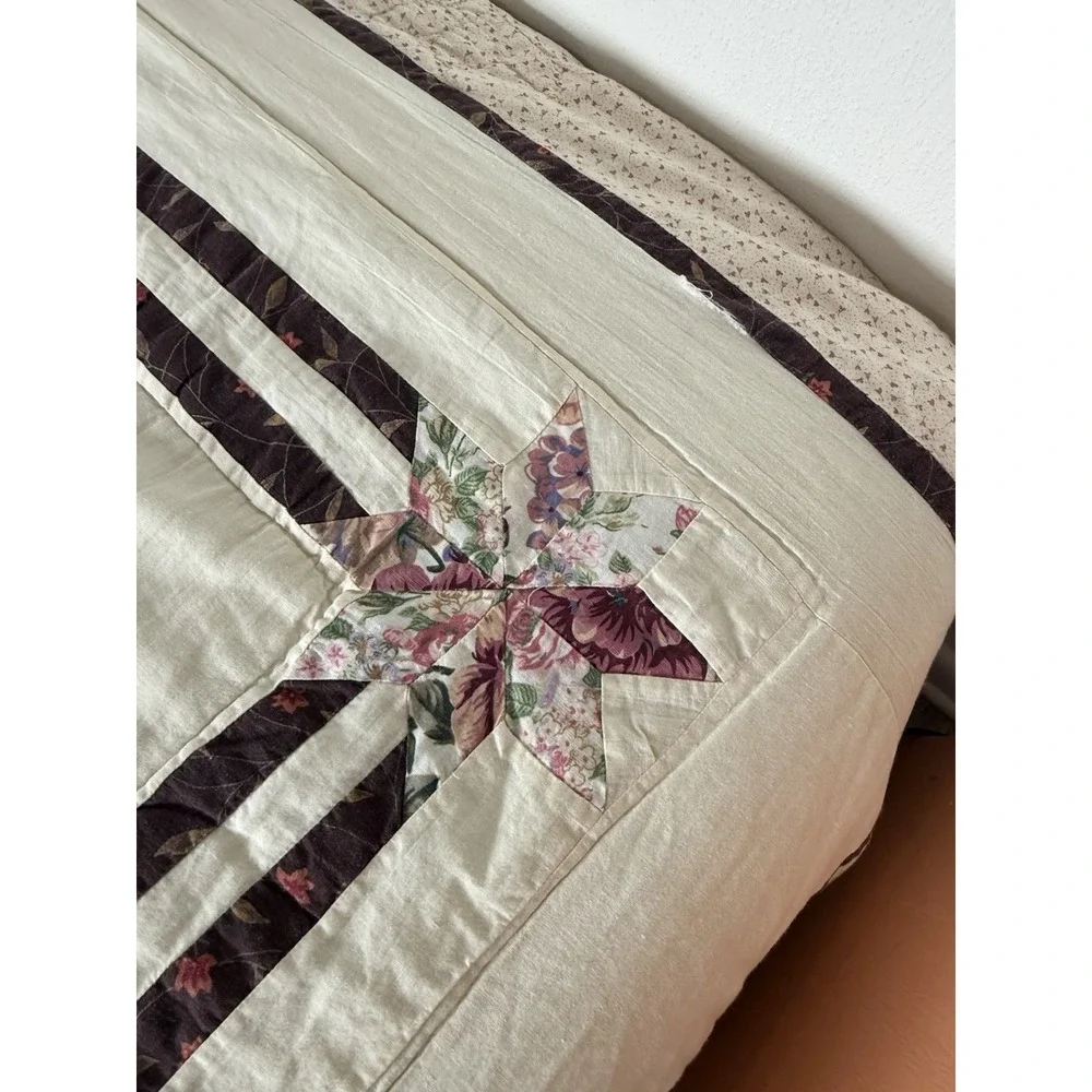 Handmade Patchwork Quilt 100x88 Burgundy Cream Floral Pinwheel Cottage Queen